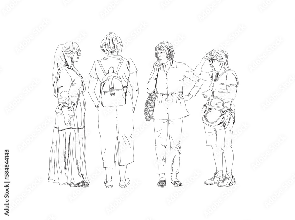 Ladies talking on the street. Sketch of people, old friends, people having time put together in the city Ladies talking on the street. Sketch of people, old friends, people having time put together in the city