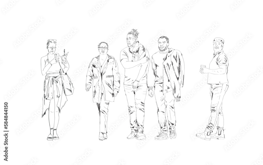 Sketch of walking people, young men and women in casual clothes are walking in the city