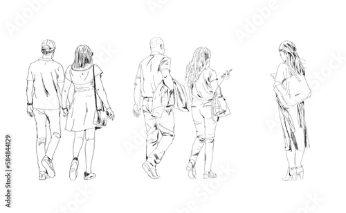 Sketch of walking people in casual clothes. People walking with bags, couple holding hands and lady using mobile phone