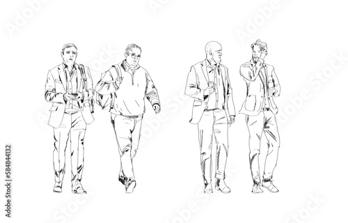 Business people in suit are walking in the city. Sketch, set of talking, walking, using mobile phone people © IRStone