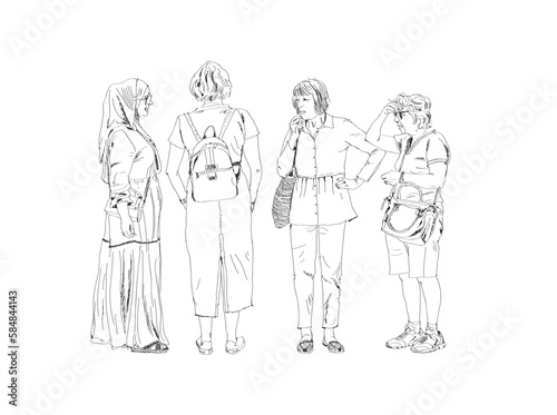 Ladies talking on the street. Sketch of people, old friends, people having time put together  in the city