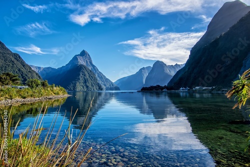 Mountains reflecting in clear water photo