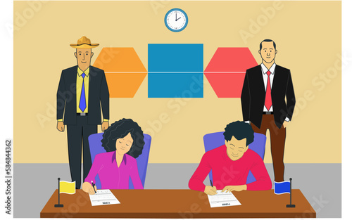 A business memorandum is signing between two associations. Flat vector illustration.