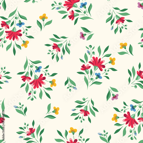 Bright Chintz Romantic Meadow Wildflowers Vector Seamless Pattern. Cottagecore Garden Flowers and Foliage Print. Homestead Bouquet. Farmhouse Background