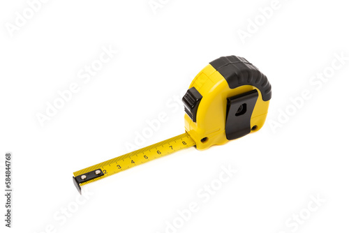 Yellow measuring tape isolated on white background. Construction concept. Builder's tools.