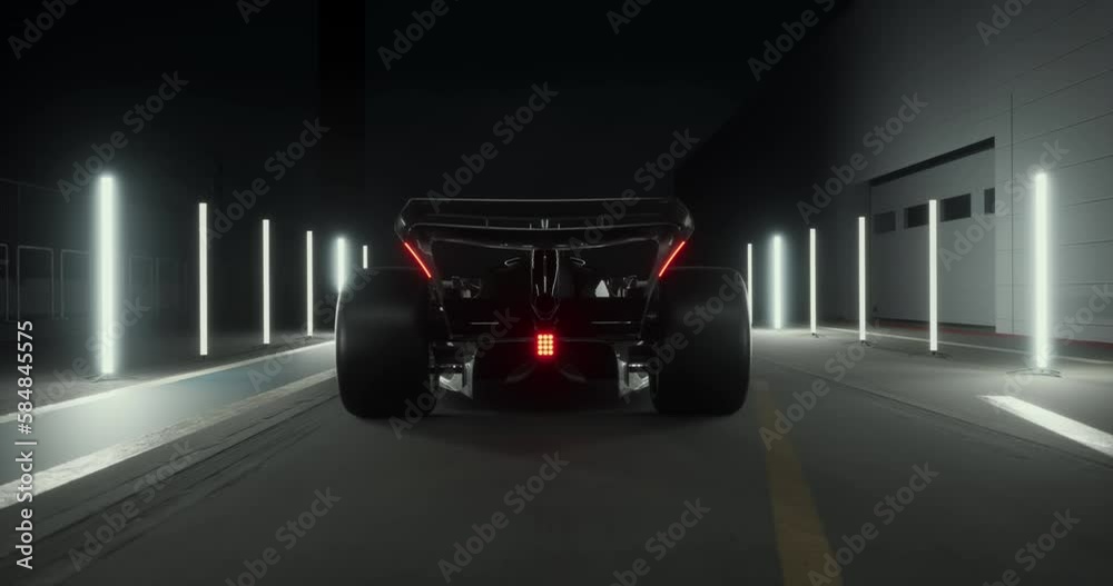 Back view silhouette of a modern generic sports racing car standing on a pit lane surrounded with flashing LED tube lights. Realistic 3d rendering