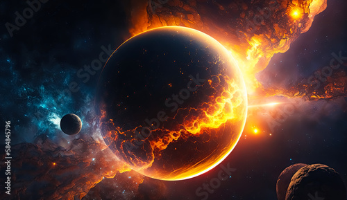 dead planet in outer space on fire