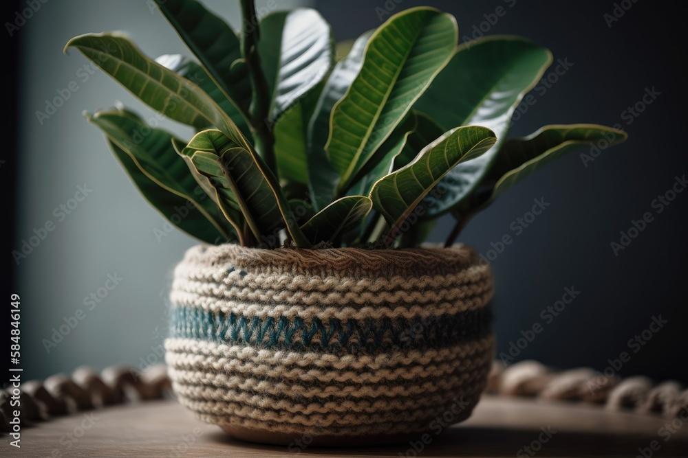 Zamioculcas or Zanzibar jewel, Zuzu plant in jute knitted flowerpot. home windowsill. indoor garden plants, simple boho décor. Generative AI Zamioculcas or Zanzibar jewel, Zuzu plant in jute knitted flowerpot. home windowsill. indoor garden plants, simple boho décor. Generative AI