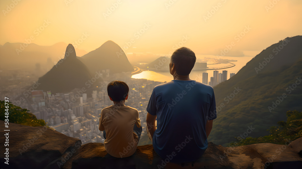 father and son sitting on a mountain generative art
