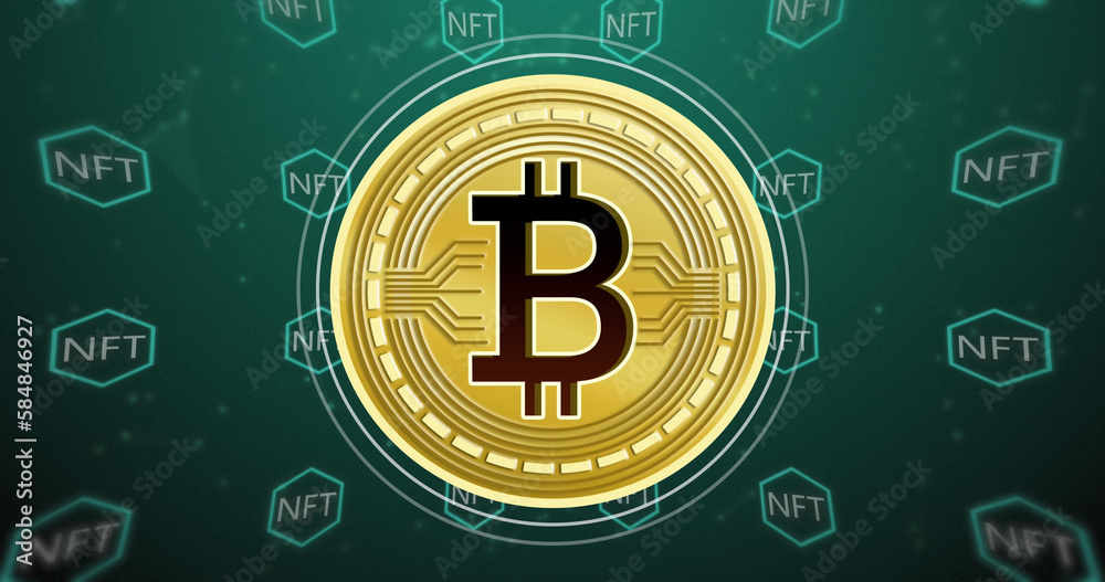 Image of bitcoin symbol over nft text on green background Image of bitcoin symbol over nft text on green background