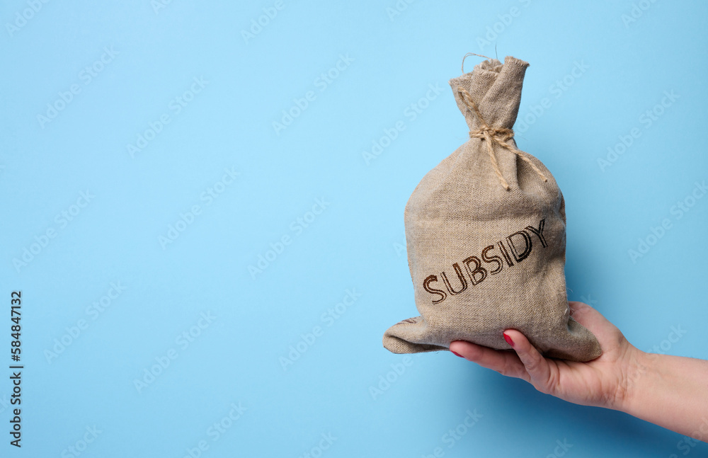 Φωτογραφία A female hand holds a burlap sack with the inscription subsidy on a blue backgro