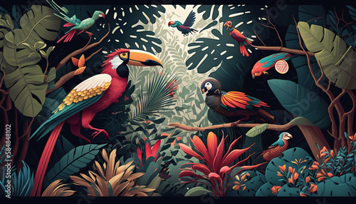 tropical colors illustration of trees and birds generative ai