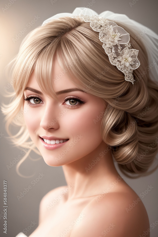 Fototapeta premium Bride portrait. A beautiful woman with a veil and a white dress looks at the camera. Generative AI