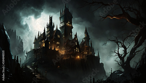 dark demonic castle ominous tower cloudy generative ai