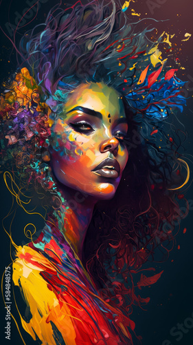 Vibrant Colorful Portrait Of A Black Woman With Multicolor Paint Splatters, Brilliant Stylized Portrait, Confident Female Empowerment Striking Colors