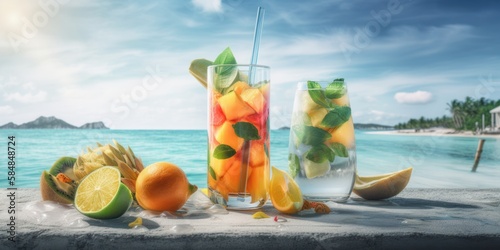 summer tropical cocktails and drinks with beach background, generative ai