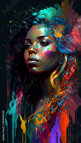 Portrait Of Black Woman With Vibrant Paint Splattered Face, Artistic Stylized Portrait On A Black Background, Extremely Colorful Vibrant Portrait Stylized Colors