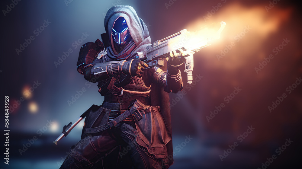 Futuristic game character hero soldier in armor wears night vision helmet holds assault rifle weapon on night light dangerous cyberpunk game play cinematic scene. Generative AI