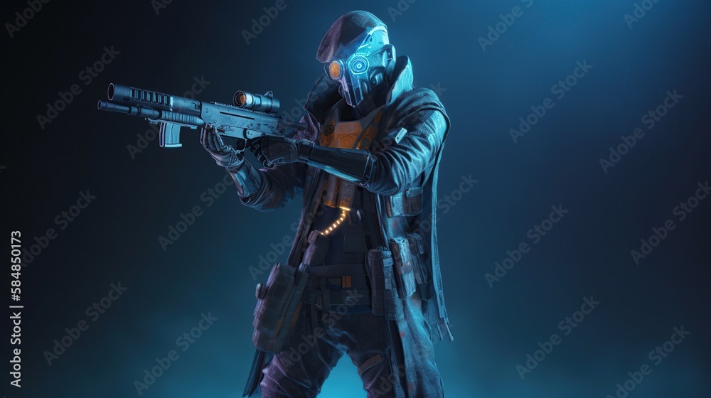 Fototapeta premium Futuristic game character hero soldier in armor wears night vision helmet holds assault rifle weapon on night light dangerous cyberpunk game play cinematic scene. Generative AI