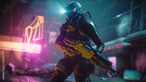 Futuristic game character hero soldier in armor wears night vision helmet holds assault rifle weapon on night light dangerous cyberpunk game play cinematic scene. Generative AI © AlexRillos