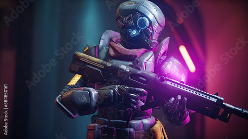 Futuristic game character hero soldier in armor wears night vision helmet holds assault rifle weapon on night light dangerous cyberpunk game play cinematic scene. Generative AI