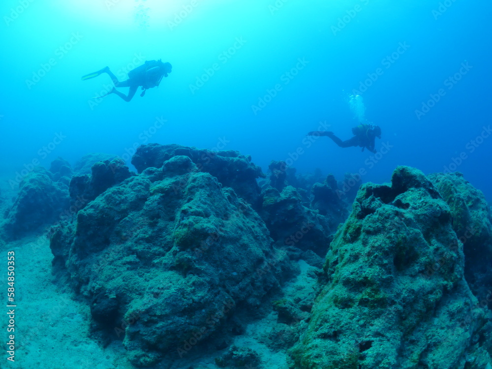 Fototapeta premium scuba divers underwater exploring reefs 