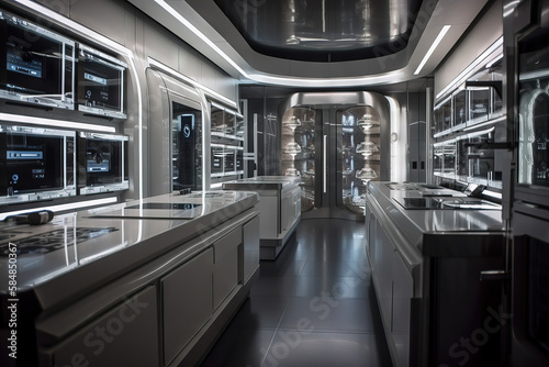 A kitchen with a futuristic design, featuring stainless steel appliances, sleek white cabinets, LED lighting, and a touch screen interface