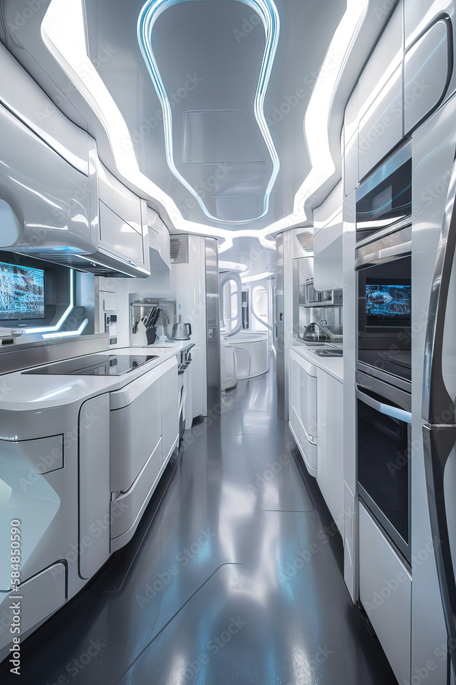 Fototapeta premium A kitchen with a futuristic design, featuring stainless steel appliances, sleek white cabinets, LED lighting, and a touch screen interface
