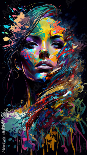 Woman With Painted Skin Abstract Digital Art, Paint Splattered Hair, Mysterious Woman Face Portrait On A Black Background