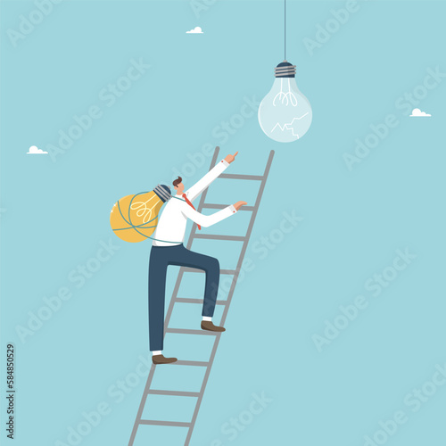 Finding a brilliant idea to start a business or solve a complex problem, a creative approach to achieving goals, a man with a new light bulb on his back climbs the ladder to the burnt out light bulb.