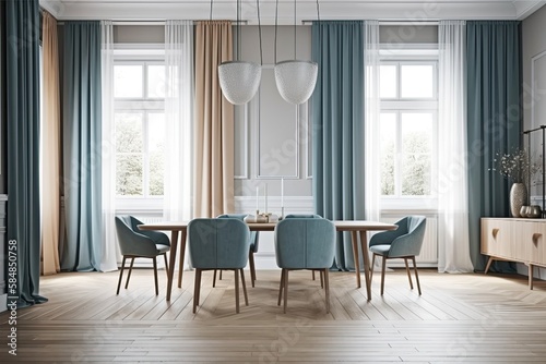Minimalist modern wooden dining room with blue tones with table, chairs, drapes, and parquet floor. Copyspace mockup. Modern decor,. Generative AI