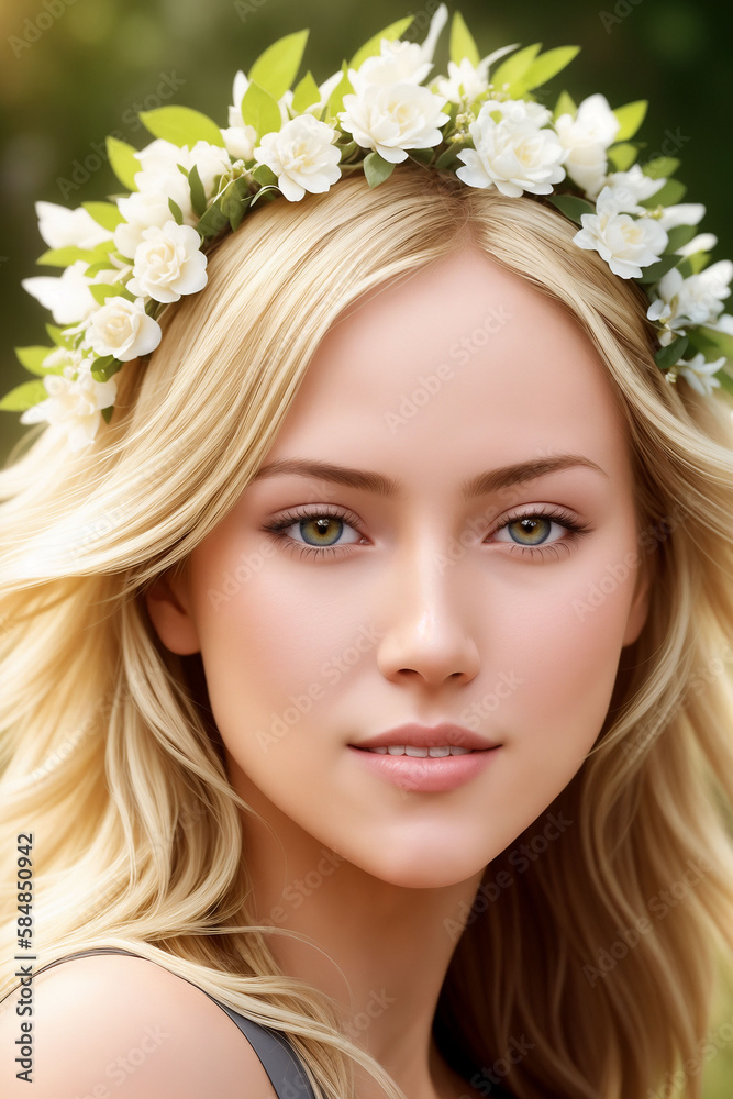 Portrait of a beautiful woman in summer clothes with a flower wreath on her head. Generative AI Portrait of a beautiful woman in summer clothes with a flower wreath on her head. Generative AI