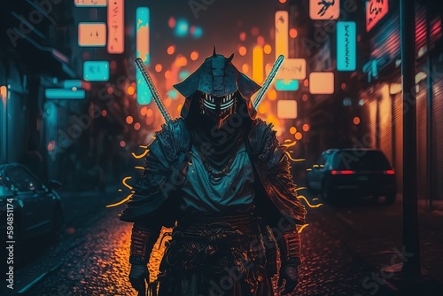 Samurai wearing mask in the middle of street with neon lights at night. Generative AI