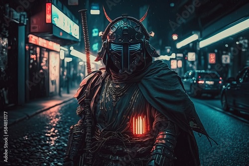Samurai wearing mask in the middle of street with neon lights at night. Generative AI