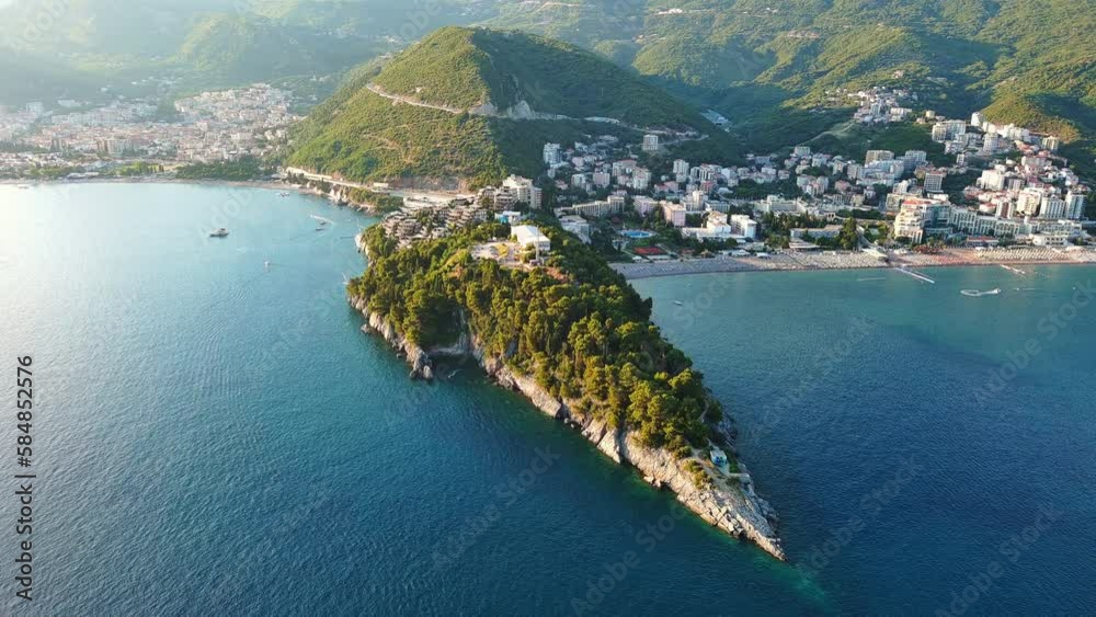 Bird's eye view of towns of Budva and Becici with hotels and beaches ...