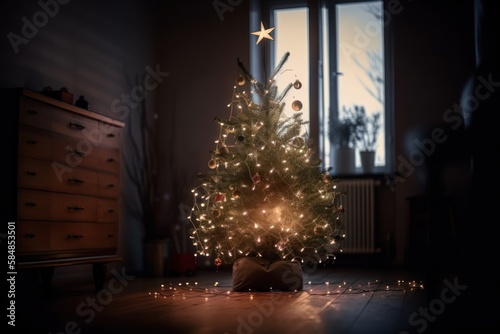 Closed up of Christmas tree and bokeh background. Celebration Christmas Day background. Generative ai.