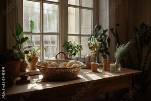 Wooden house interior  room design. Contemporary interior windowsill decoration with green plant in wicker basket. Nice Scandinavian flat near window. Generative AI