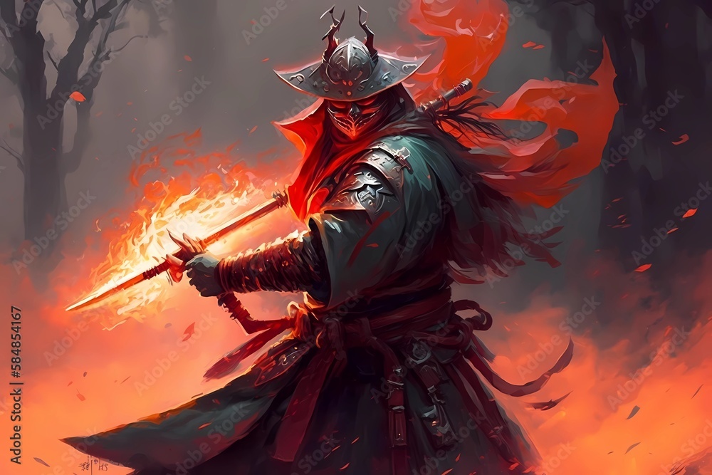 A samurai in a demonic red mask on the battlefield makes a swing with a katana creating a sizzling fire ring around, he is a mystical martial. illustration painting A samurai in a demonic red mask on the battlefield makes a swing with a katana creating a sizzling fire ring around, he is a mystical martial. illustration painting