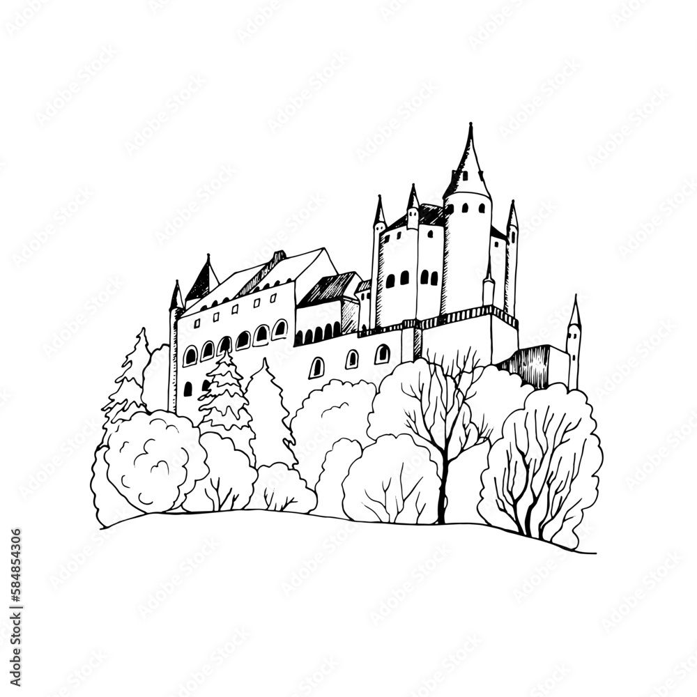 Vector black and white illustration of an old medieval castle in a thicket of trees.
