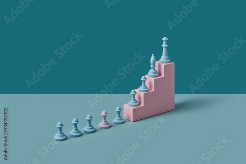 Pastel-colored chess pieces on paper stairs.
