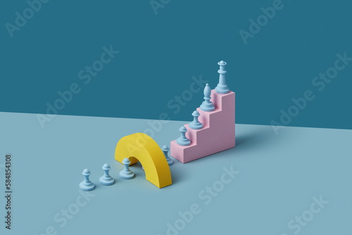 Blue chess pieces placed on pink paper stairs.