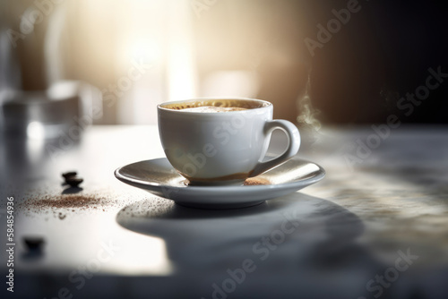 Close up of cap of coffee with smoke on table. Generative ai.