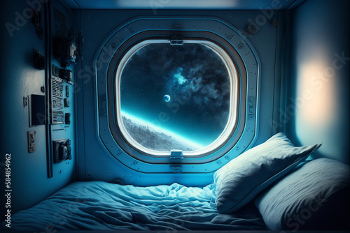 Fototapeta Naklejka Na Ścianę i Meble -  Starship Sleeping Quarters, Porthole to the Stars, Generative AI