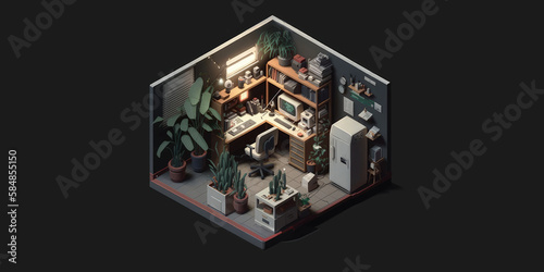 software devolper office, low key ambient, untidy, no plants, isometric diorama