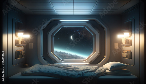 Fototapeta Naklejka Na Ścianę i Meble -  Starship Sleeping Quarters, Porthole to the Stars, Generative AI