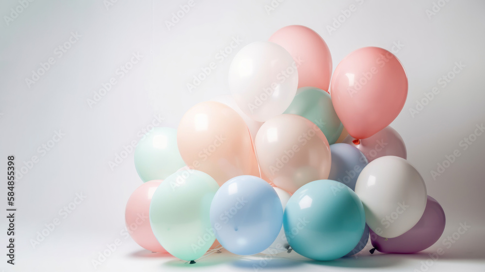 Pastel colorful balloons in white room background. Party and celebration. Generative ai. Pastel colorful balloons in white room background. Party and celebration. Generative ai.