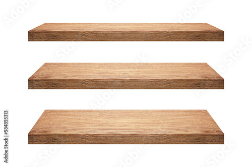 Collection of wooden shelfs isolated on white background