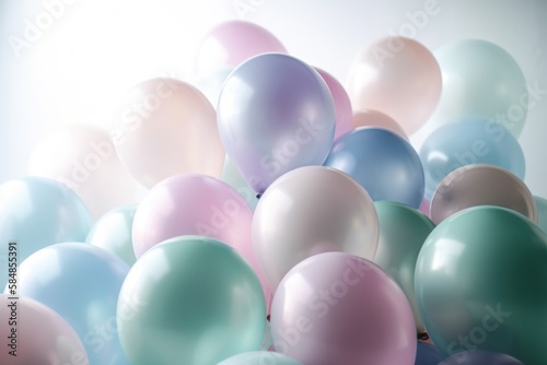 Pastel colorful balloons in white room background. Party and celebration. Generative ai.
