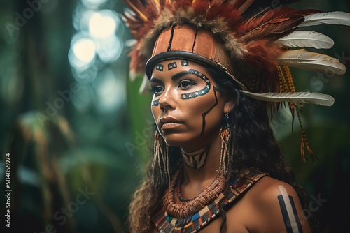 Indigenous Brazilian Young Woman, Portrait from Guarani Ethnicity Generative AI © ChaoticMind