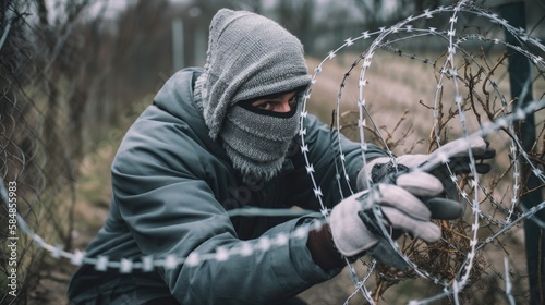 A hooded activist cutting a barbed wire fence to access the country